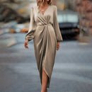 Women's 2025 new long dress; elegant round-neck silk satin long sleeves; midi dress for ladies; sexy dress; street fashionbe.