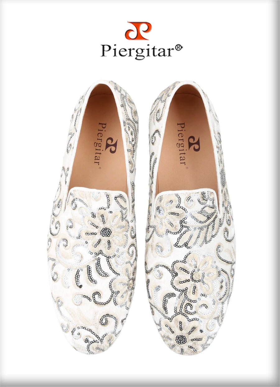 Piergitar Handmade Paisley Pattern Bling Men Velvet Shoes For Party And Wedding Superglamourous Brand Same Model Slip-On Loafers