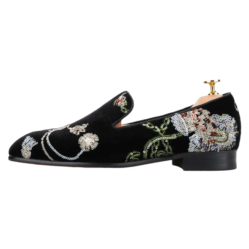 Piergitar Black And Grass Green Velvet With Handmade Classical Chinese Style Sequin Embroidery Men's Loafers Red Sole Moccasins