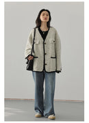 CHIC VEN Women's Woolen Coat Heavy Industry Down Jacket Vintage V-Neck Woman Down Coat Female Tops Autumn Winter 2024