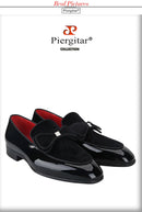 Piergitar Black Patent Leather Patchwork Velvet Men's Loafers Handmade Bow Tie Moccasins British Classic Style Smoking Slippers