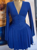 Women's Short Skirt Mini dress Ruched Lantern Sleeve