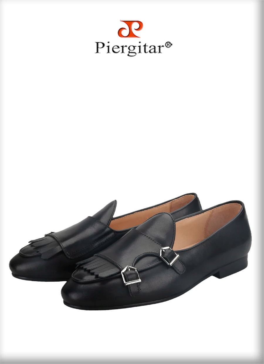 Piergitar 2023 Dark Brown Nappa Calfskin Double-Monk Belgian Loafers With Fringes And Metal Buckles Slip-On Men Smoking Slippers