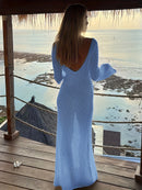 Sexy Women White Long Knit Sleeve Bikin Fashion Cover up Female See-Through Deep V-Neck Hollow-Out Beach Knitwear Backless Dress