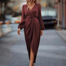 Women's 2025 new long dress; elegant round-neck silk satin long sleeves; midi dress for ladies; sexy dress; street fashionbe.