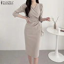 ZANZEA Summer Fashion Womens Dress Sexy Solid Color Knee Length Bodycon Sundress Elegant 3/4 Sleeve V-Neck Work OL Vestidos 2025