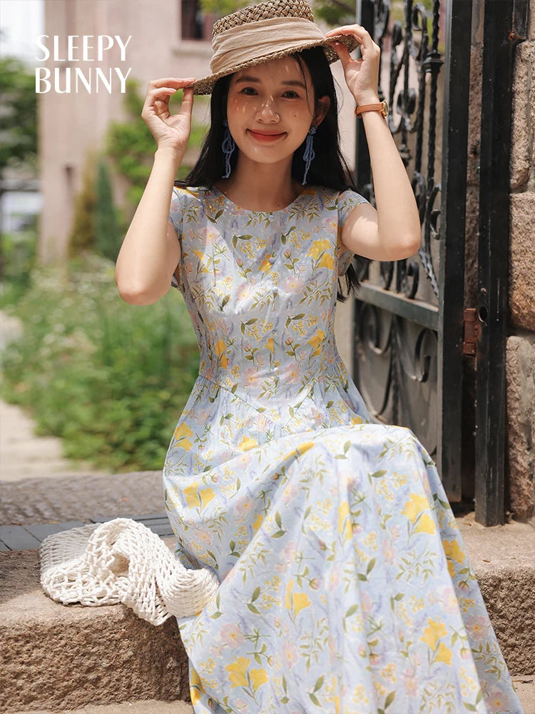 Floral Print Maxi Dress Women Summer Vintage Waist Slimming Dress Elegant Watercolor Cap Sleeve Long Dress Daily or Garden Look