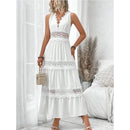 Women's Lace Stitching V-neck Sleeveless Dress High Waist White Ankle Length Sexy Long Dress