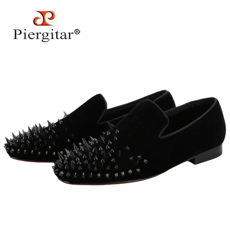 Piergitar 2023 Handmade Spikes Black Velvet Men's Loafers Italian Design Slip-On Red Color Bottom Smoking Slippers Plus Size