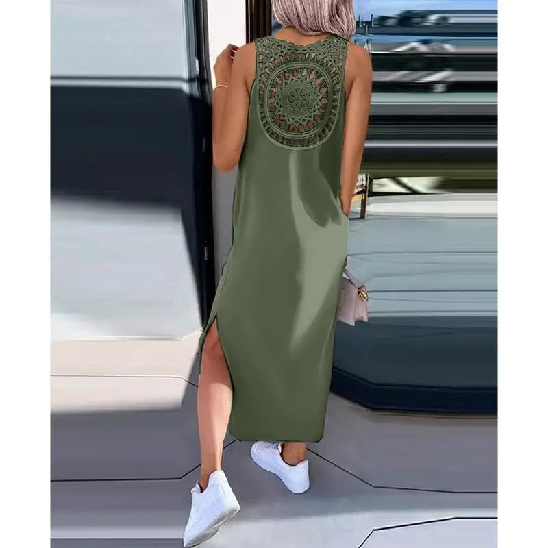 Women's Round Neck Mid-Length Slim Dress with Slits