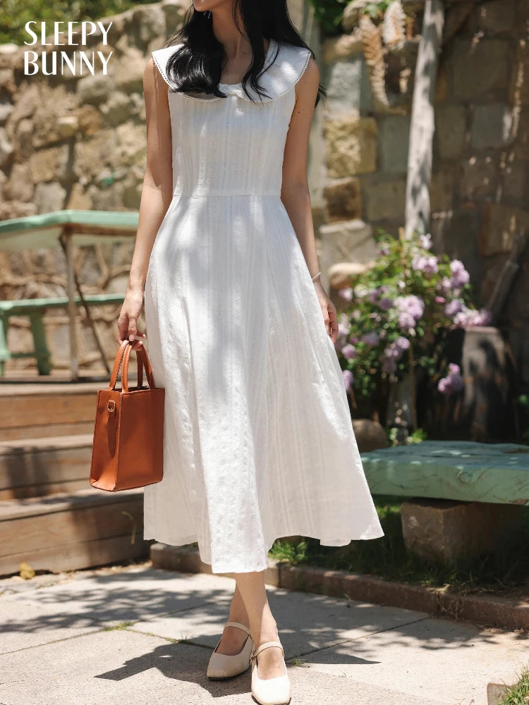 White Bow Jacquard Sundress Women Sweet Summer A-Line Dress with Tie Straps Petite Fit Flowy Midi Dress Cute Vacation Daily Wear