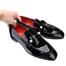 Piergitar Black Patent Calf Leather Men's Loafers With Silver Balls Crystals Buckles Handmade Moccasins For Wedding Or Prom Wear