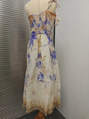 2025 New French High Quality Luxury Chic Dress Appliques Floral Print Spring Summer Strapless Women Holiday Spaghetti Midi Dress