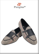 Piergitar 2024 Summer Style Plaid Cotton Men's Loafers Handmade Stitching Metal Buckle Monk Slippers Breathable Leather Insole
