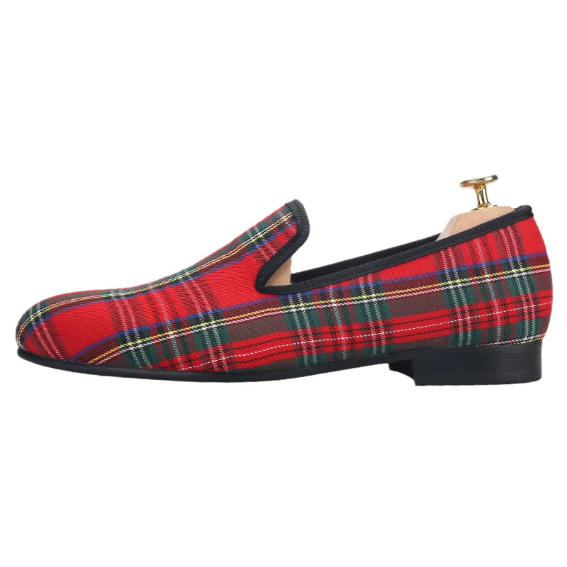 Piergitar 2023 New Red And Green Classic Scottish Plaid Men's Loafers For Party Handmade Slip-On Moccasins Leather Insole