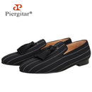 Piergitar 2022 New Striped Design Oxford Fabric Men Slip-On Shoes Handmade Tassel Men's Loafers Classic Male Smoking Slippers