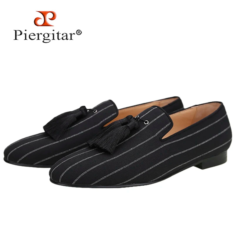 Piergitar 2022 New Striped Design Oxford Fabric Men Slip-On Shoes Handmade Tassel Men's Loafers Classic Male Smoking Slippers