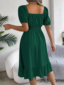 2024 New Fashion Solid Puff Sleeve Square Neck Ruched Bust Ruffle Hem Wasit Dress, Women's Clothing