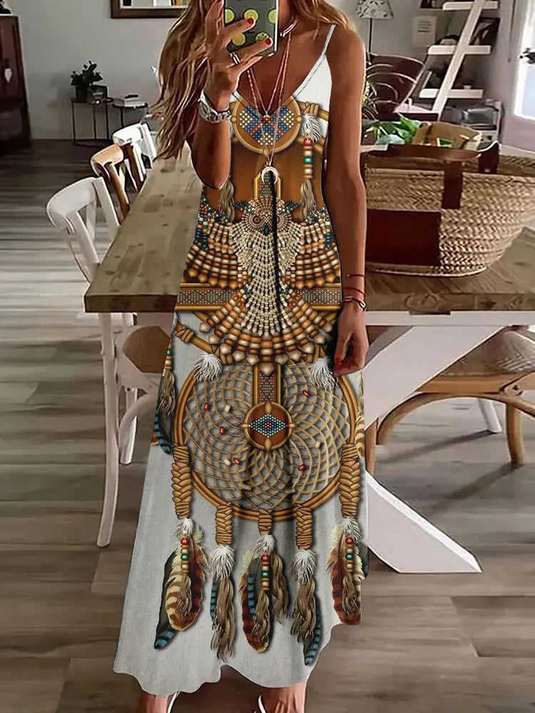 Women's Long Spaghetti Strap Tribal Pattern Dress