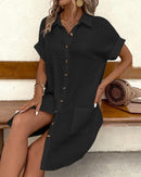 Women's Fashion Summer Minimalist V-neck Button Up Dress Woman Cotton Linen White Short Sleeved Pocket Casual Loose Shirt Dress