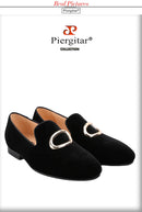 Piergitar Black Velvet Classic Men's Loafers For Fashion Party And Wedding Circle Metal Buckles Slip-On Flats Red Color Outsoles