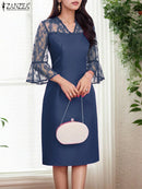 Women Summer Lace Patchwork Dresses ZANZEA Elegant Party Work Dress Fashion 3/4 Flared Sleeve V-Neck Satin Vestidos Robe Femme