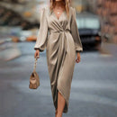 Women's 2025 new long dress; elegant round-neck silk satin long sleeves; midi dress for ladies; sexy dress; street fashionbe.
