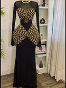 Women Houndstooth Printed Long Sleeve Draped Ruched Bodycon Mini Dress