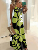 Summer Fashion Loose Women's Long Dress Colorful Botanical Flower Print V-Neck Print Casual Long Dress Bohemian Beach Dress