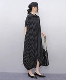 New 2025 Summer Woman Short-Sleeve Black Striped Shirt Dress Loose Fit Chic Big Size Casual Holiday Irregular Large Robe JKXD017