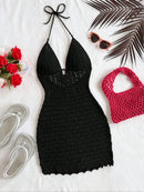Soleia Summer Sexy V-Neck Hollow-Out Wooden Beads Fitted Dress, Vacation Spaghetti Strap Backless Ombre Knitted Dress, Suitable