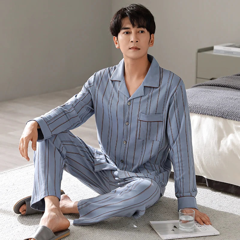 2024 Winter Cotton Men Blue Stripe Sleepwear
