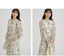 Floral Midi Dress Women Sweet A-Line Long Sleeve Hollow Out Dress Elegant High Waist Casual Long Dress Daily or Vacation Outfits