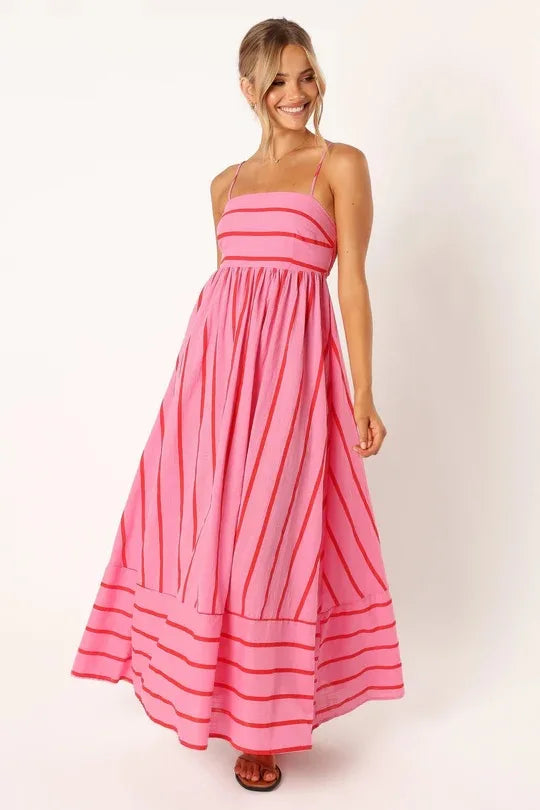 Spring And Summer Striped Vest Backless Large Swing New Dress For Women, Collarless And Sleeveless Oversized Swing Dress