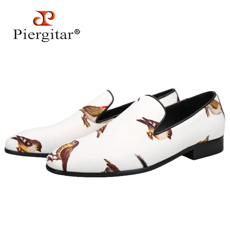 Piergitar 2022 New White Color Satin Men's Loafers With Bird Printing Fashion Party And Banquet Men Smoking Slippers Plus Size