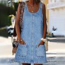 Women's Denim Dress Sexy Cool Strap Mini Dress Solid Color Sleeveless Pockets High Waist