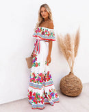 2024 Spring/Summer New Women Retro Fashion One Shoulder Red Flower Printed Waist Collection Long Style Large Swing Casual Dress