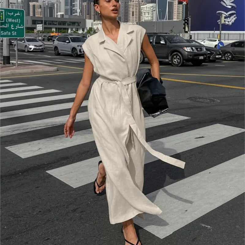 2025 Autumn New Style Commuter Long Skirt For Women Elegant Fashionable Solid Color Lapel Sleeveless High Waist Lace-up Dress