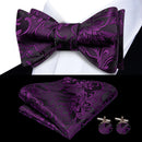 Hi-Tie Red Black Purple Paisley Mens Bow Tie Hanky Cufflinks Set Self-tied Butterfly Knot Bowtie for Male Wedding Business