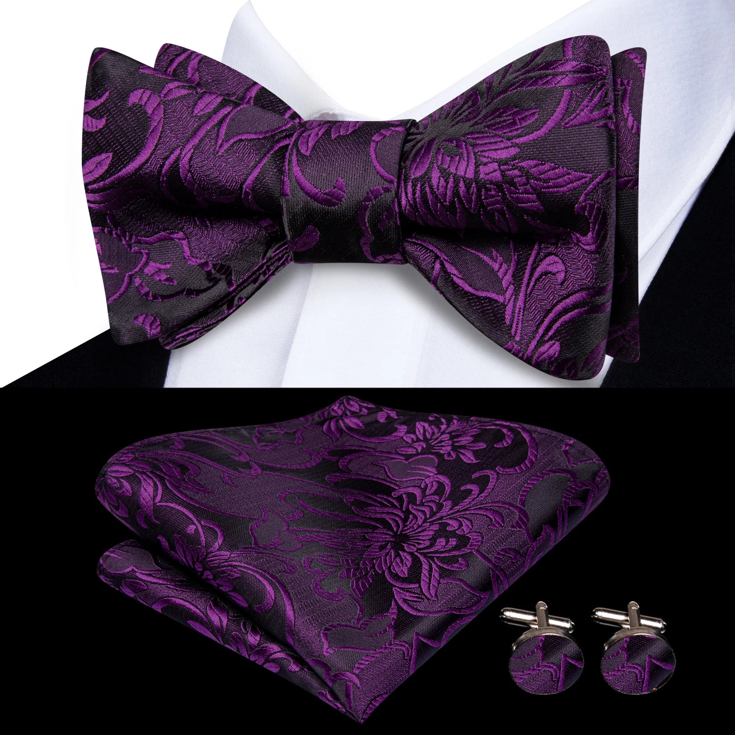 Hi-Tie Red Black Purple Paisley Mens Bow Tie Hanky Cufflinks Set Self-tied Butterfly Knot Bowtie for Male Wedding Business