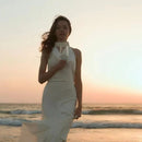 Backless Pearl Halter Ivory Satin Dress