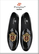 Piergitar Black Patent Leather Men's Loafers With Manual Embroidery Patches Imported From India Slip-On Moccasins Red Outsoles
