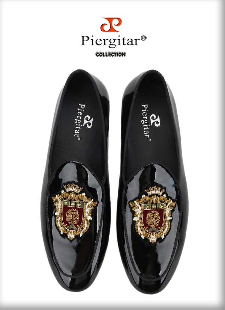 Piergitar Black Patent Leather Men's Loafers With Manual Embroidery Patches Imported From India Slip-On Moccasins Red Outsoles