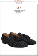 Piergitar 2022 New Striped Design Oxford Fabric Men Slip-On Shoes Handmade Tassel Men's Loafers Classic Male Smoking Slippers