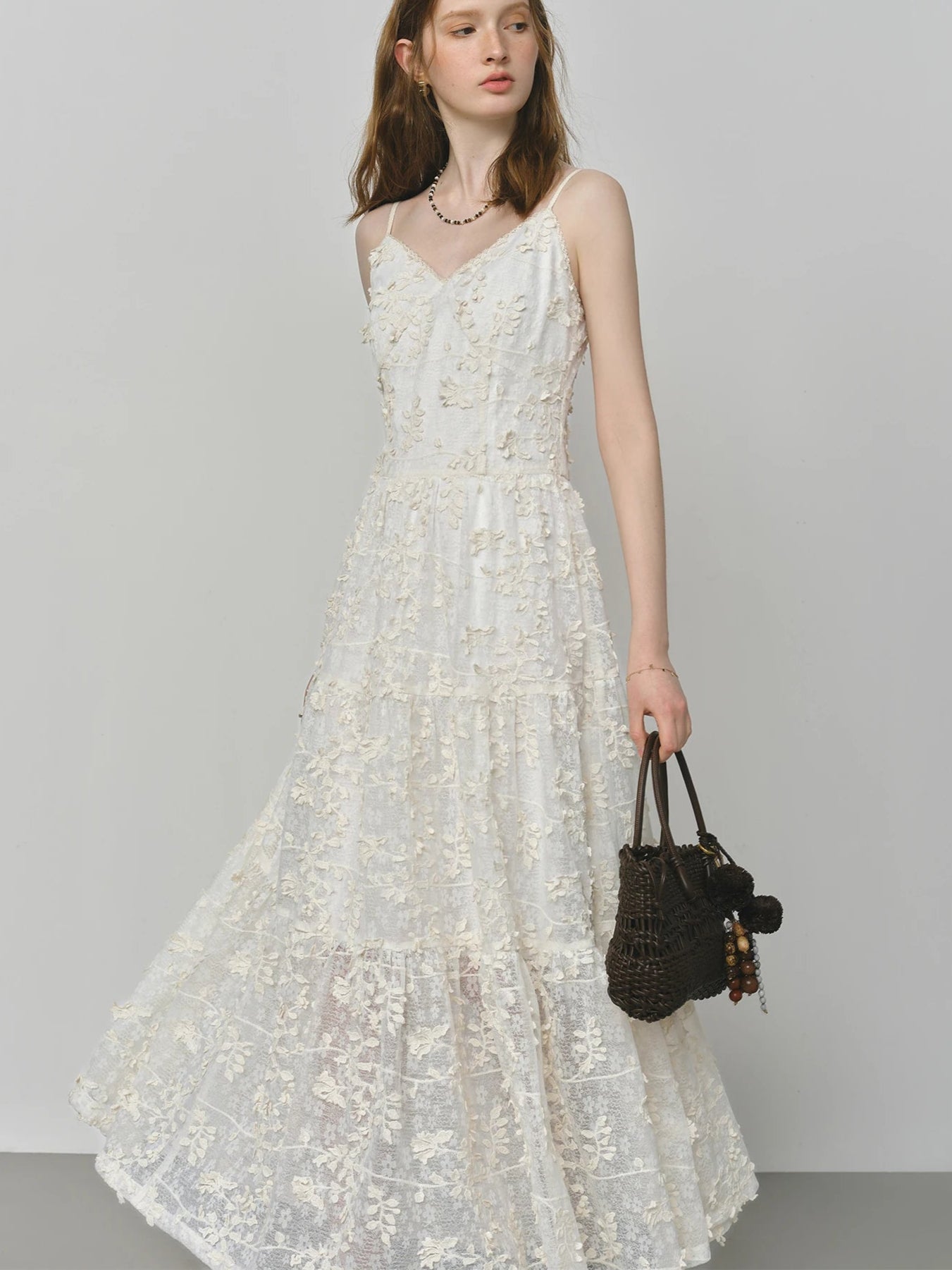 French Heavy Embroidery Floral Layered Strap Autumn Women Dresses