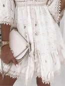 Women's White Hollow Lace up Mini Dress