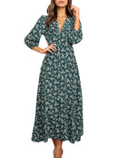 Women's Summer Bohemian Floral Print Long Maxi Dress Retro 3/4 Sleeve V-Neck Button Down High Waist Sundress Streetwear