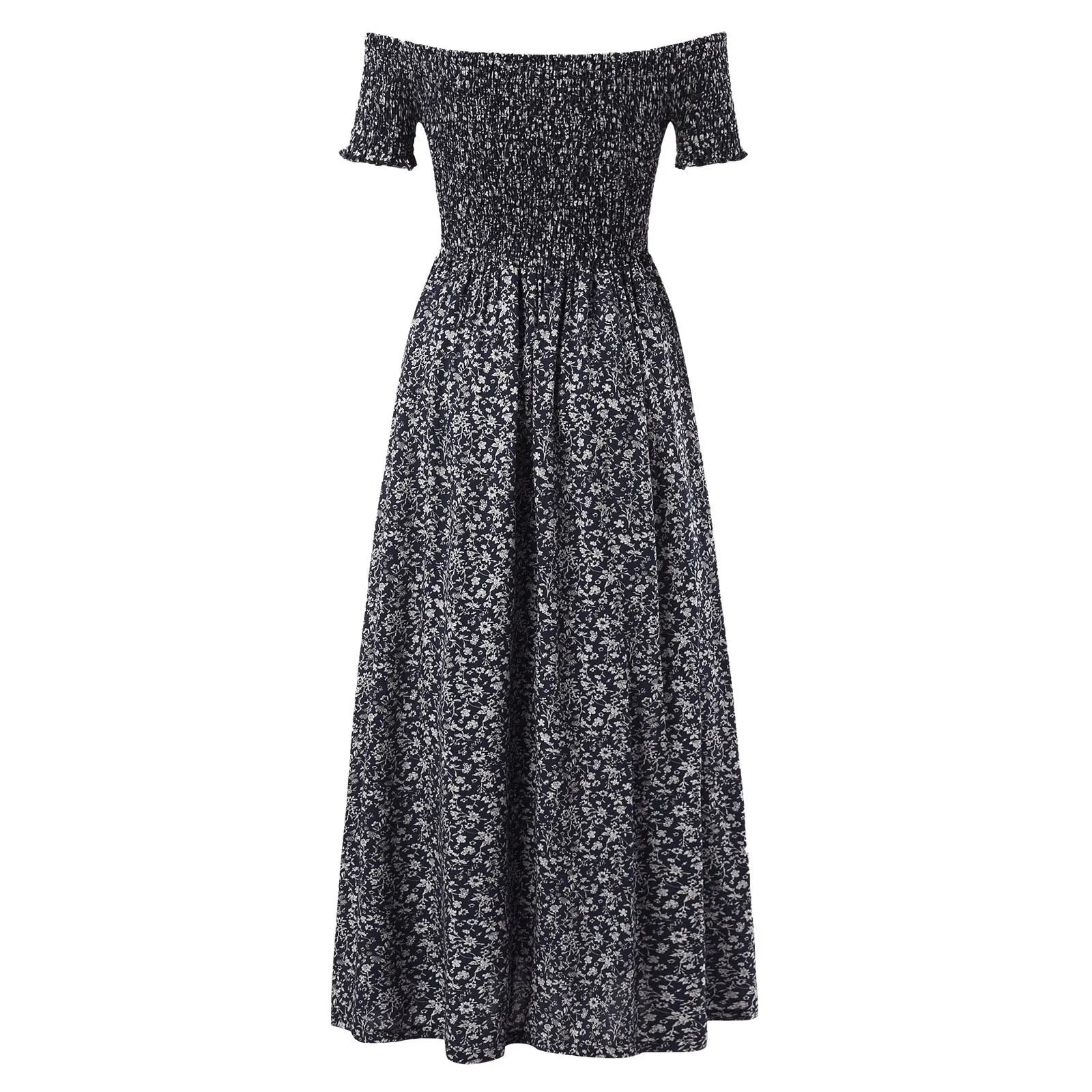 Plus Size Summer Dresses with Slash Necks, Shirred Bodice and Split Thigh Floral Dresses