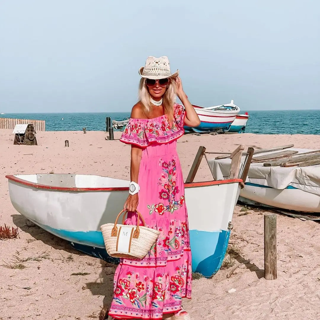 2024 Spring/Summer New Women Retro Fashion One Shoulder Red Flower Printed Waist Collection Long Style Large Swing Casual Dress