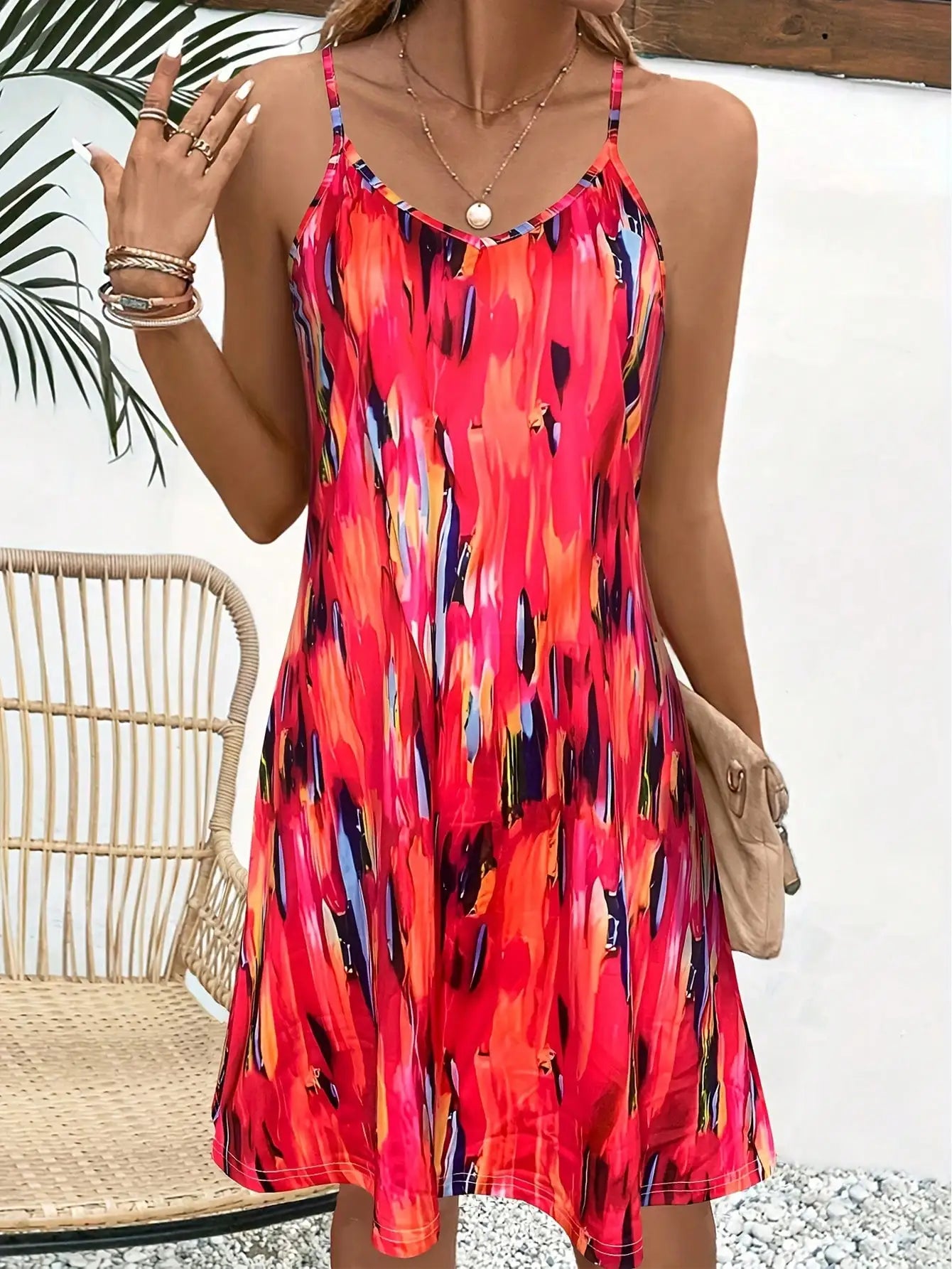 Women's Summer V-Neck Slip Dress - Sleeveless All-Over Print Vacation Sundress , SlayDiva Beach Dress for Women, Flowy Bohemia M